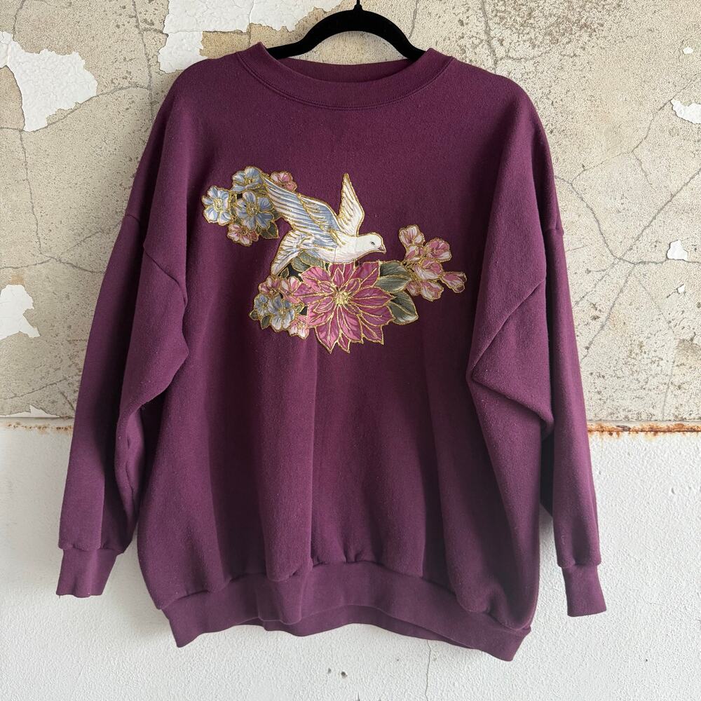 Vtg 90s Sweatshirt Dove Floral Painted Purple Pullover Womens 2X USA Made Tultex